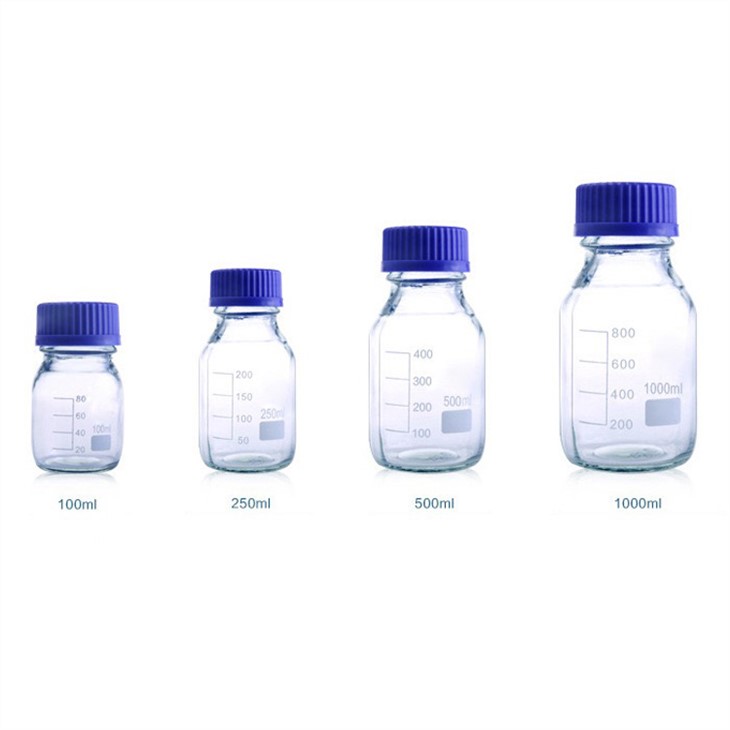 化学玻璃器皿刻度硼硅酸盐250ml, 500ml, 1000ml玻璃试剂介质瓶，蓝色螺帽